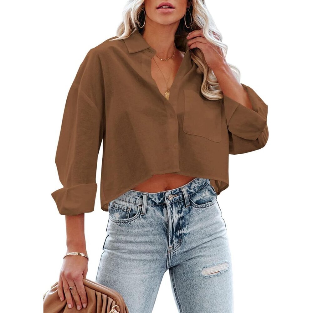 Women's Cotton Cropped Shirt Long Sleeve Casual Blouse with Chest Pocket
